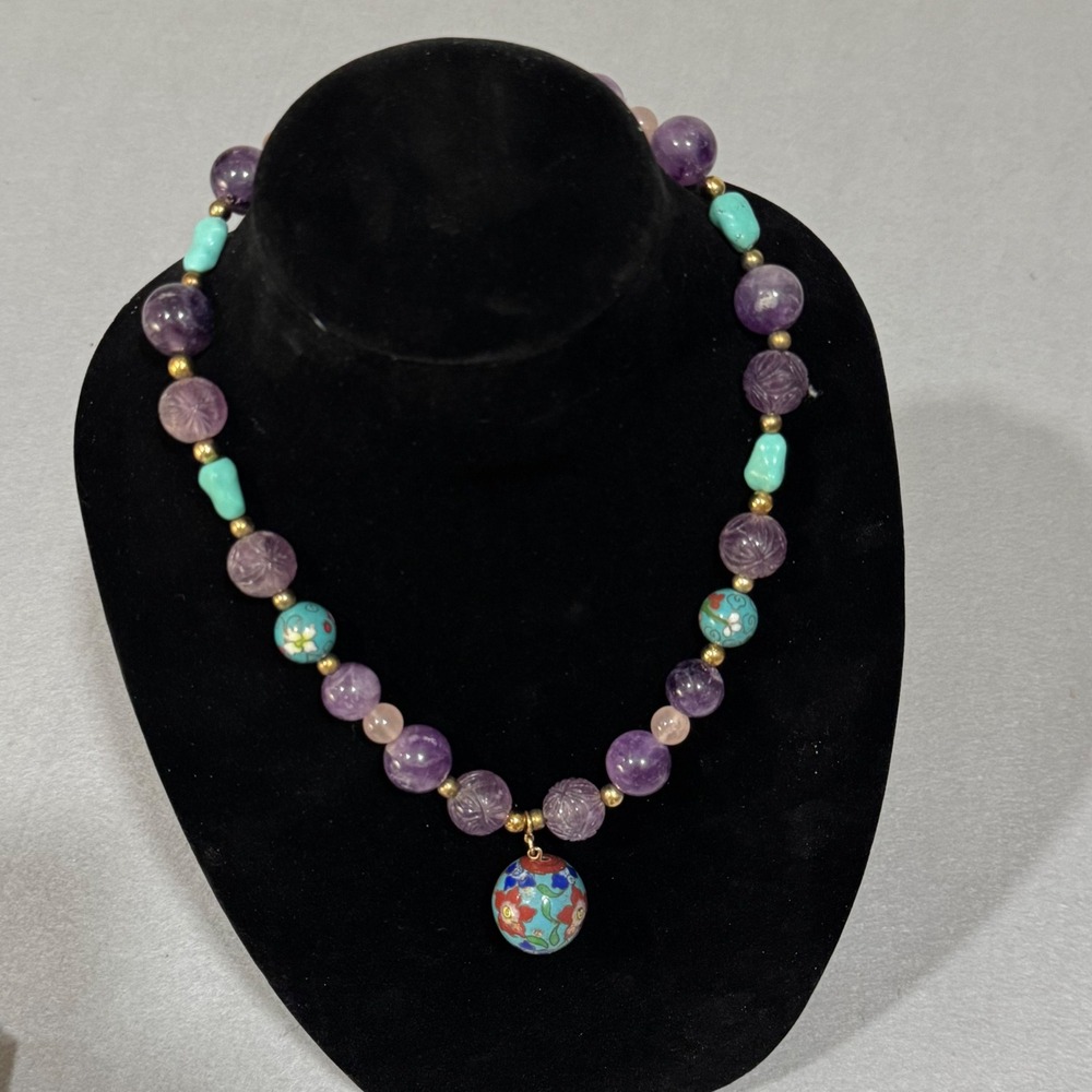 Vintage Chinese Export Necklace Women Amethyst Rose Quartz Turquoise Cloisonne